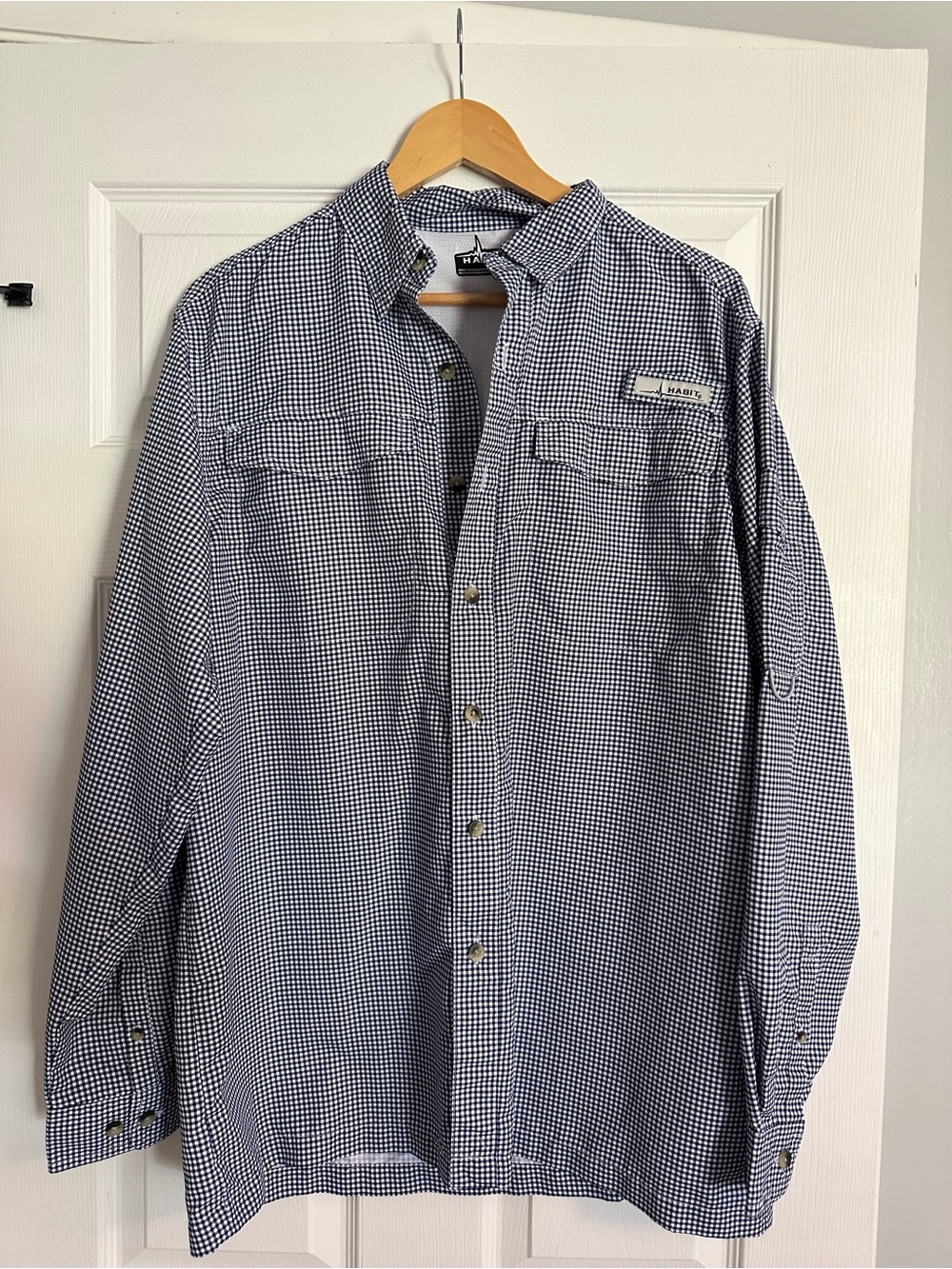 Habit Fishing Navy and White Gingham Button-Down Shirt